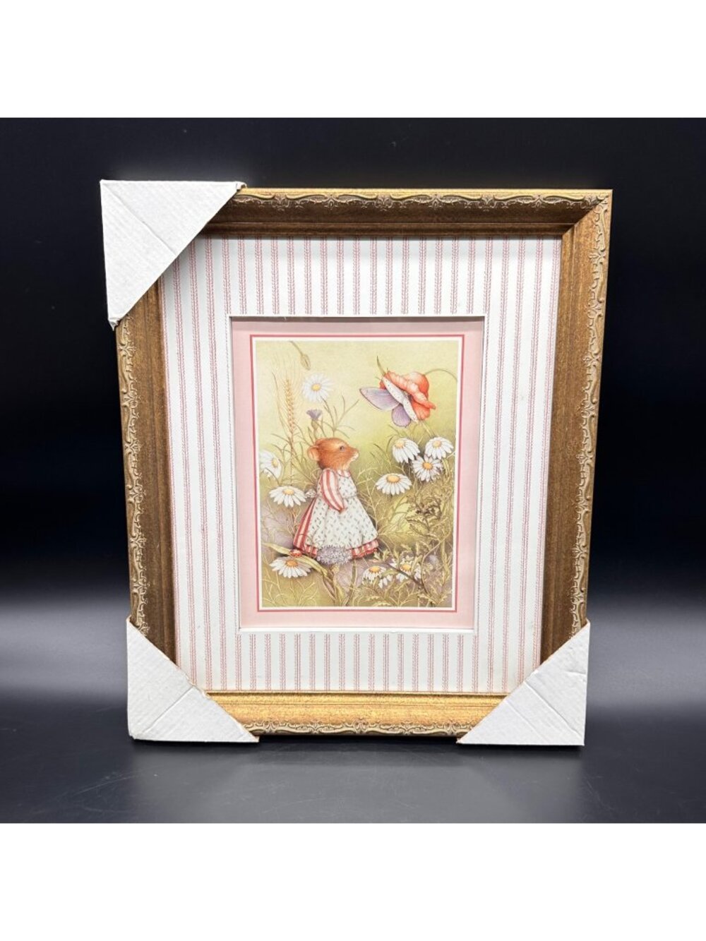 Whimsical Mouse Daisy Butterfly Wall Art Print Ornate Gold Frame Cottage Granny